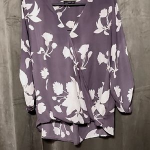Floral Faux Wrap Hi Lo Top in Purple and White